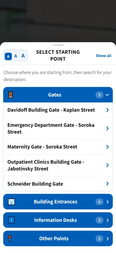 Start point picker listing the hospital’s five gates