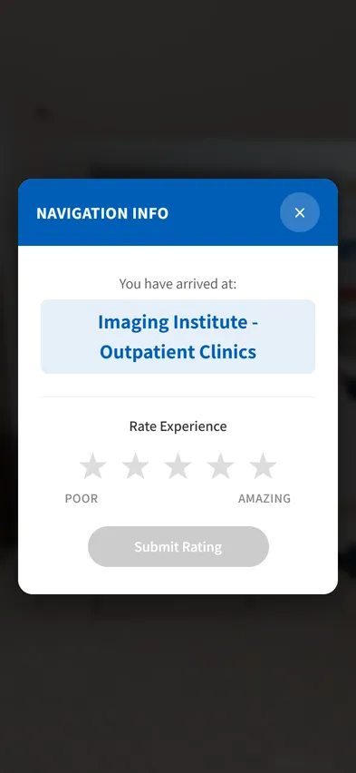 Arrival screen: You have arrived at Imaging Institute - Outpatient Clinics, with a star rating